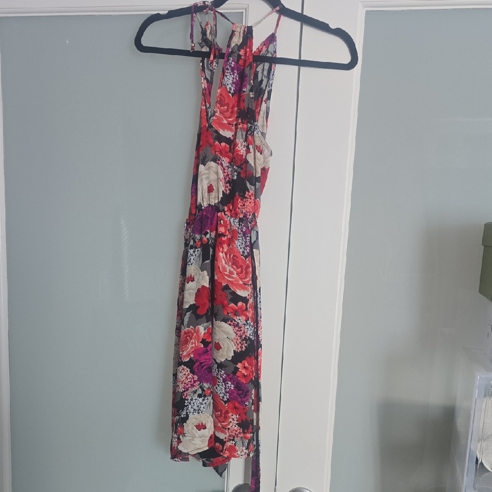 Dynamite Floral Halter Midi Dress in Black, Red and Pink